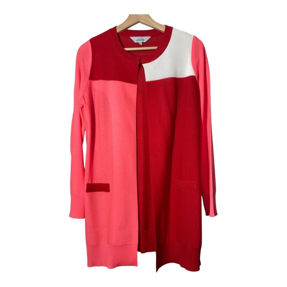 Misook Holiday Sweater Cardigan Size XS Red Pink White Colorblock Long Tunic